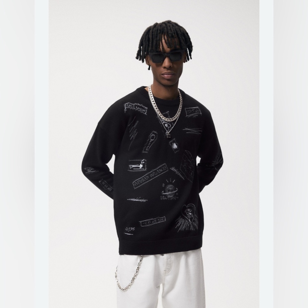 Zara unisex embroidered graffiti sweater black cotton  men’s S women’s M
